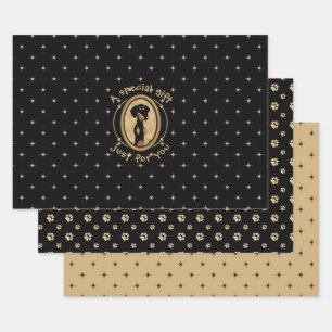 Gold Oval Dackel Cartoon Portrait (schwarz & tan) Geschenkpapier Set