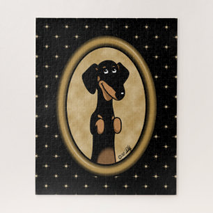 Gold Oval Dackel Cartoon Portrait (schwarz & tan) Puzzle