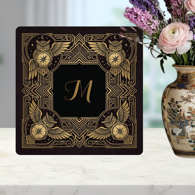 Gold Owl Compass Monogram Art Deco Ceramic Tile Fliese (Von Creator hochgeladen)