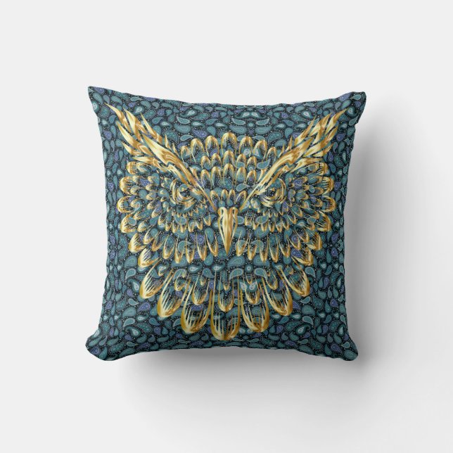 Gold Owl Face on Colorful Paisley Kissen (Vorderseite)
