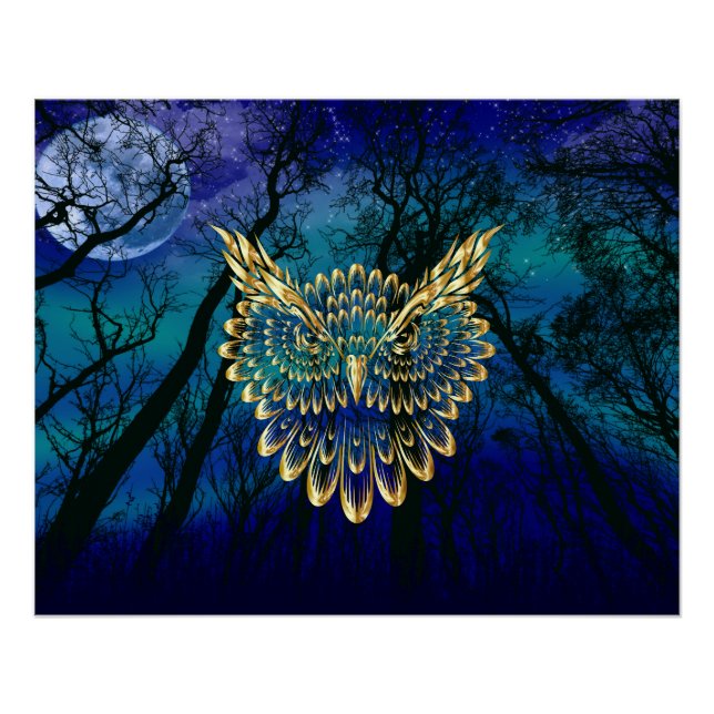Gold Owl Face on forest at night Poster (Vorderseite)