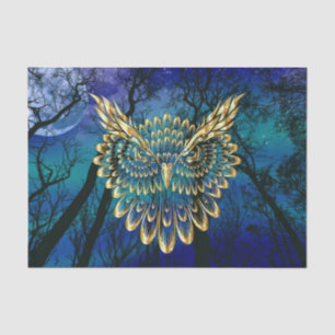Gold Owl Face on forest at night Seidenpapier