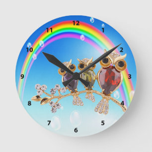 Gold Owls Juwelen & Regenbogenuhr Runde Wanduhr