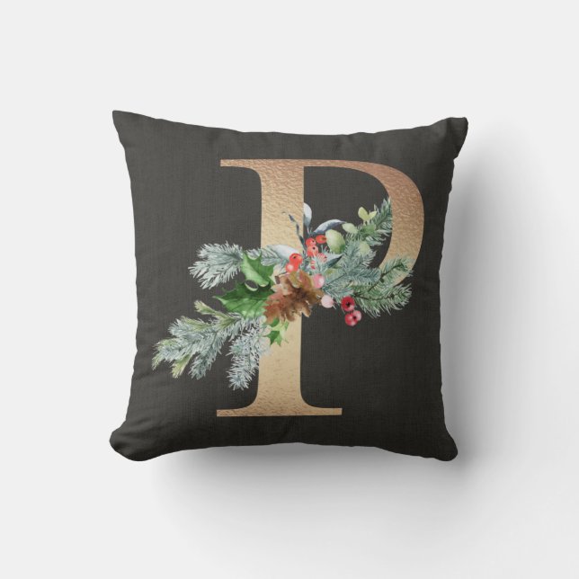 Gold P Monogram Pine & Berries Christmas Family Kissen (Vorderseite)