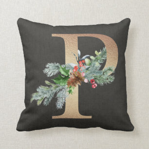 Gold P Monogram Pine & Berries Christmas Family Kissen
