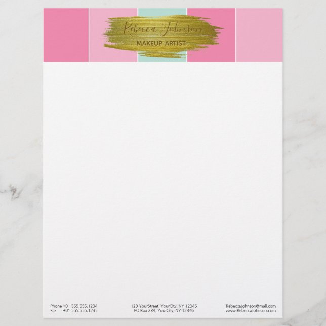 Gold Paint Stroke Farbenfrohe Minze Rosa Streifen Briefkopf (Vorderseite)