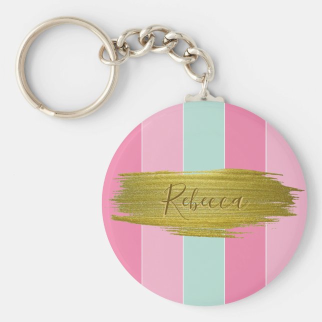 Gold Paint Stroke Farbenfrohe Minze Rosa Streifen Schlüsselanhänger (Vorne)