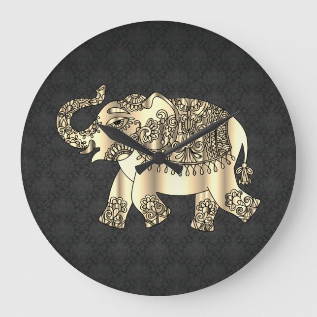 Gold Paisley Floral Elephant, Black Damask Große Wanduhr (Vorderseite)