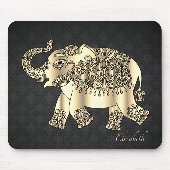 Gold Paisley Floral Elephant, Damask - Personalisi Mousepad (Vorne)