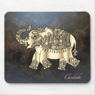 Gold Paisley Floral Elephant, Lederlook Mousepad