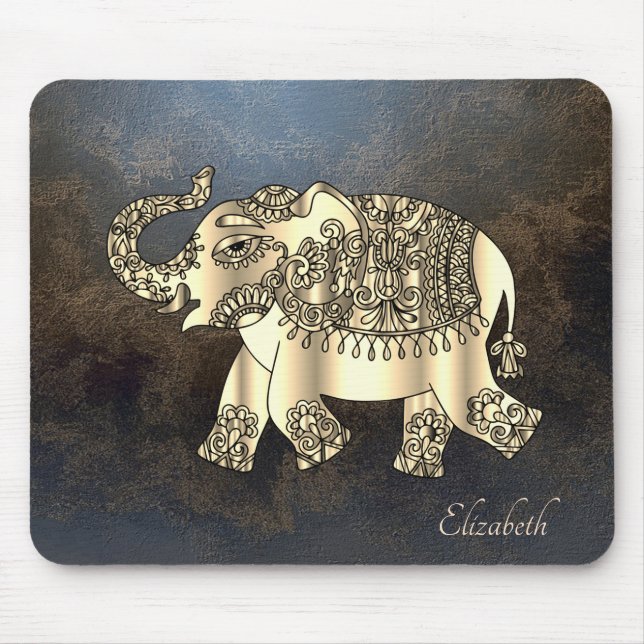Gold Paisley Floral Elephant, Lederlook Mousepad (Vorne)