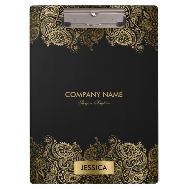 Gold Paisley Spitze mit schwarzem Hintergrund Klemmbrett (Vorderseite)