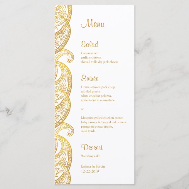 Gold Paisley Traditional Indian Wedding Rackcard Menükarte (Vorderseite)