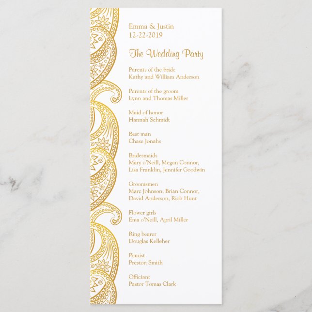 Gold Paisley Traditional Indian Wedding Rackcard Programm (Vorderseite)