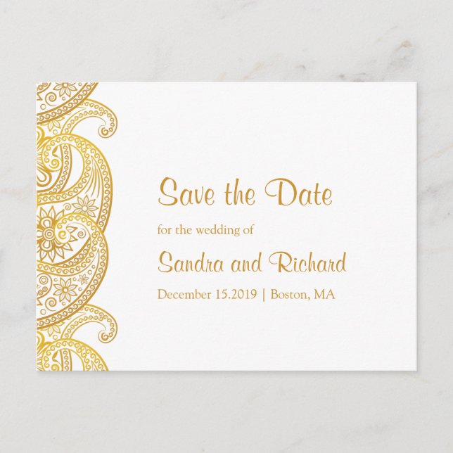 Gold Paisley Traditionelle Indianer Save the Date Ankündigungspostkarte (Vorderseite)