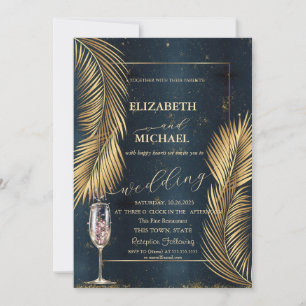 Gold Palm Blätter Beach Champagne Glass Wedding Einladung