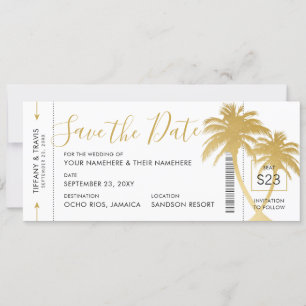 Gold Palm Boarding Pass Ticket Save the Date Card Ankündigung