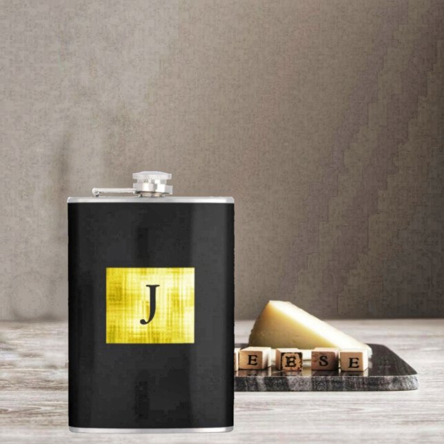 Gold Paneled Black-II Flachmann (Choose your own Monogram, when you choose this Gold Paneled Black-II Flask!)