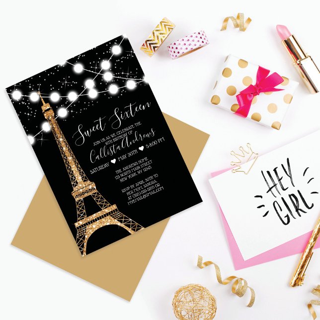 Gold Paris Eiffel Tower Glitzer Lights Sweet 16 Einladung (Von Creator hochgeladen)