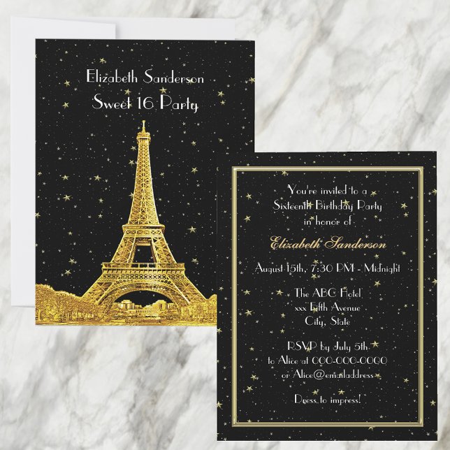 Gold Paris France Skyline #2 Bk Starry Sweet 16 V Einladung (Von Creator hochgeladen)