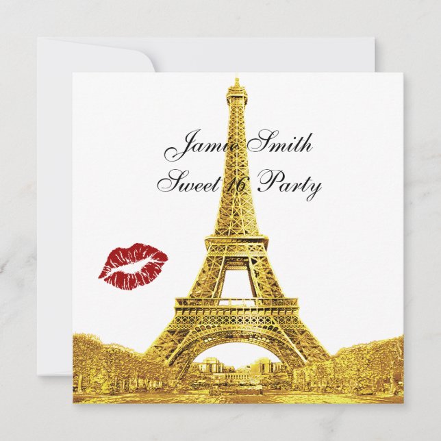 Gold Paris France Skyline Kiss #2 Sweet 16 SQ Einladung (Vorderseite)