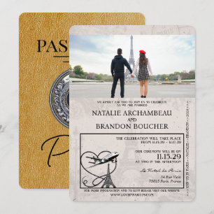 Gold Paris Passport Wedding Einladung