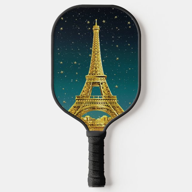 Gold Paris Skyline #2 Aquamariner Starry Sky Pickleball Schläger (Vorderseite)