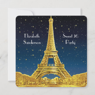 Gold Paris Skyline #2 Blue Starry Sweet 16 SQ Einladung