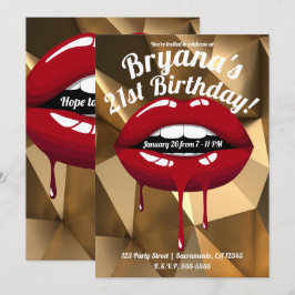 Gold Party Glam Luxus Roter Tropfen Tropfen Lippen Einladung