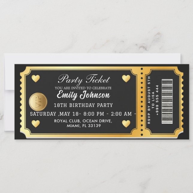 Gold Party Ticket Invitation Einladung (Vorderseite)