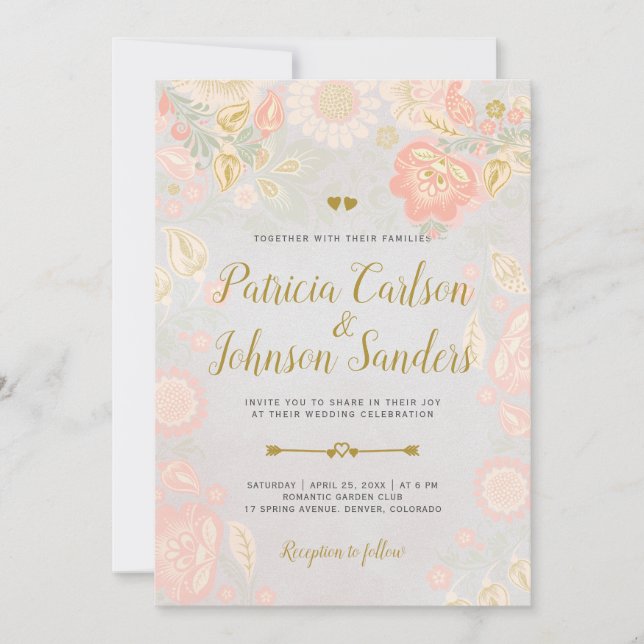 Gold Peach and Blush Spring Blooms Wedding Gray Einladung (Vorderseite)