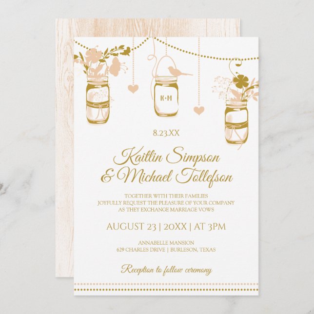Gold & Peach Mason Jar Einladungen für Hochzeiten  (Vorne/Hinten)