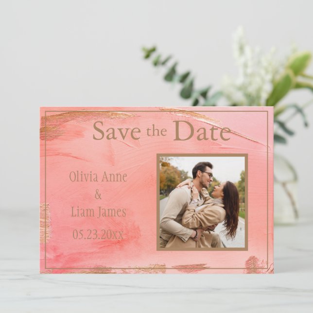 Gold Peach Melon Abstraktes Foto Modernes Save The Date (Stehend Vorderseite)