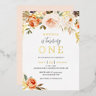 Gold Peach Orange Floral Girl 1. Geburtstag Folieneinladung