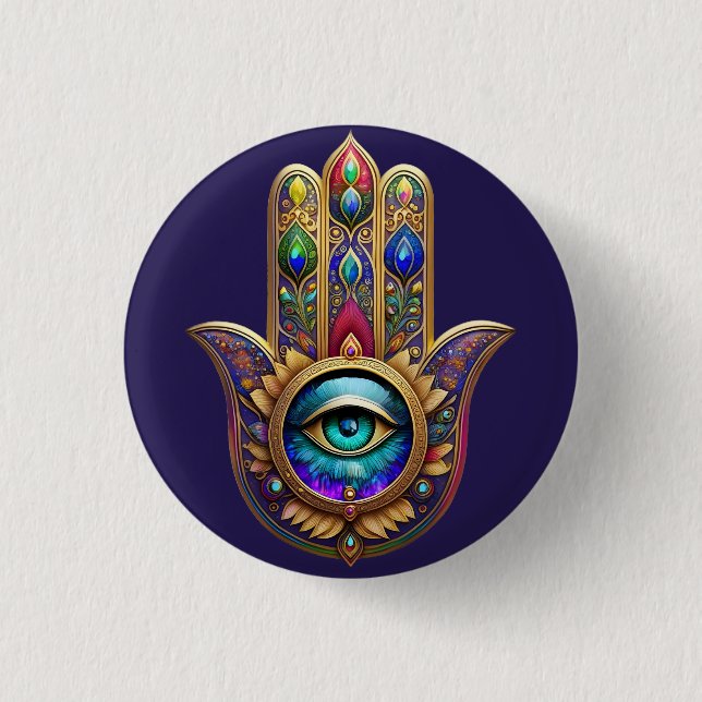 Gold Peacock Colors Hamsa Green Sapphire Third Eye Button (Vorderseite)