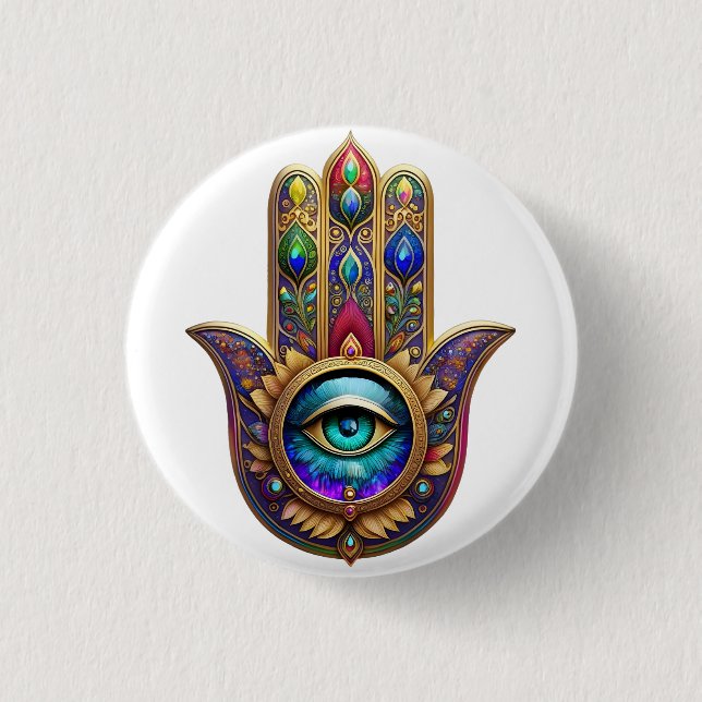 Gold Peacock Colors Hamsa Green Sapphire Third Eye Button (Vorderseite)