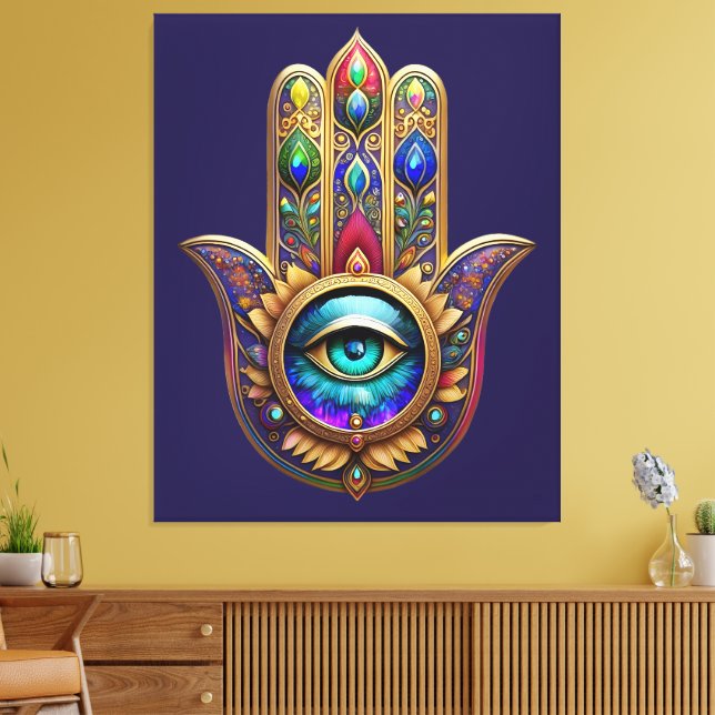 Gold Peacock Colors Hamsa Green Sapphire Third Eye Leinwanddruck (Insitu (Wohnzimmer))