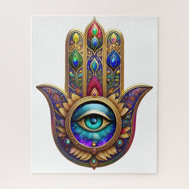 Gold Peacock Colors Hamsa Green Sapphire Third Eye Puzzle (Vertikal)