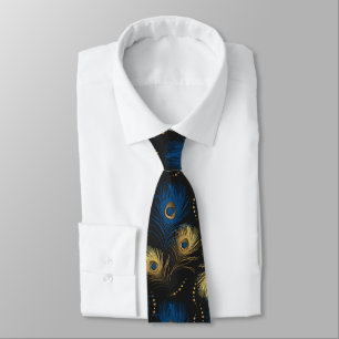 Gold Peacock Feather Black Blue Mens Necktie Krawatte