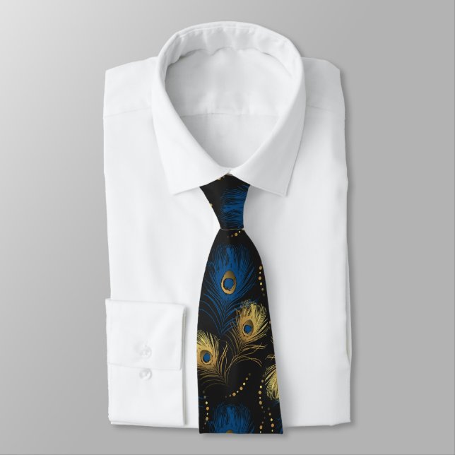 Gold Peacock Feather Black Blue Mens Necktie Krawatte (Gebunden)