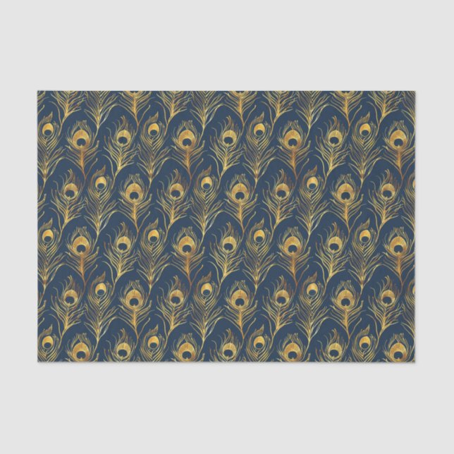 Gold Peacock Feathers on Blue Gemustert Decoupage Seidenpapier (Vorderseite)