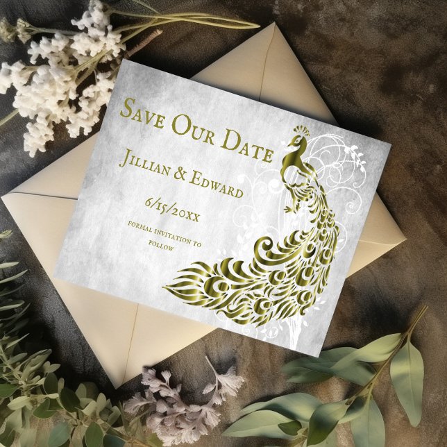 Gold Peacock Leaf Ankündigung Datum freihalten (Gold Peacock Leaf Vine Save the Date)