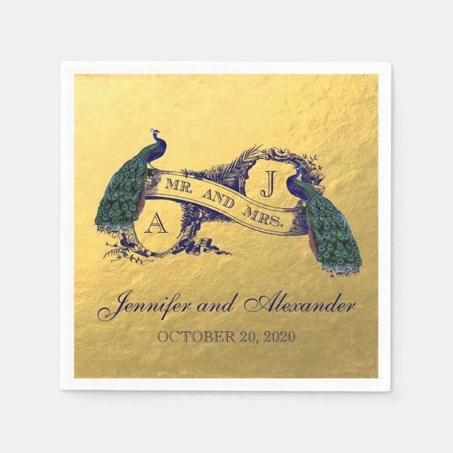 Gold Peacock Wedding Paper Napkins Serviette (Vorderseite)