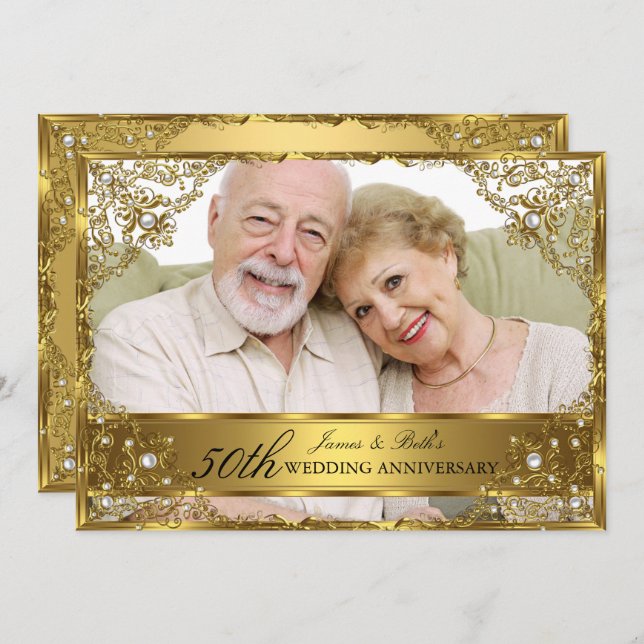 Gold Pearl Damask Foto 50. Hochzeitstag Einladung (Vorne/Hinten)