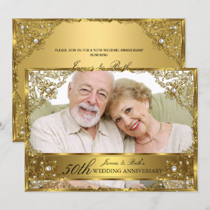 Gold Pearl Damask Foto 50. Hochzeitstag Einladung