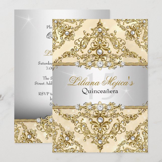 Gold Pearl Damask Quinceanera Einladung (Vorne/Hinten)