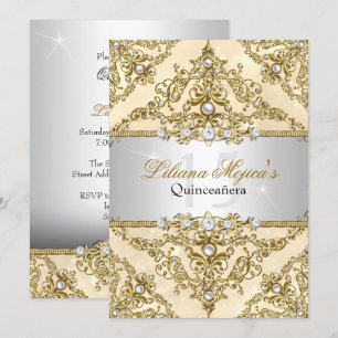 Gold Pearl Damask Quinceanera Einladung