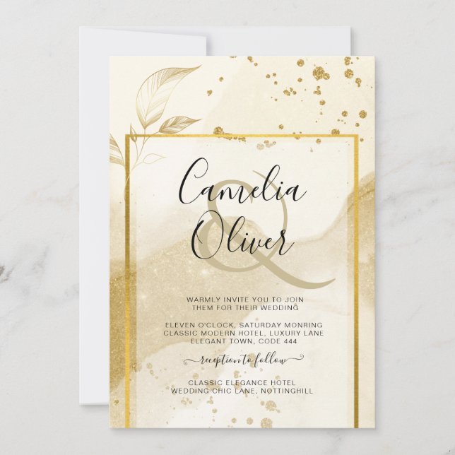 Gold Pearl WEDDING Alkohol INK Abstrakt LeahG Einladung (Vorderseite)