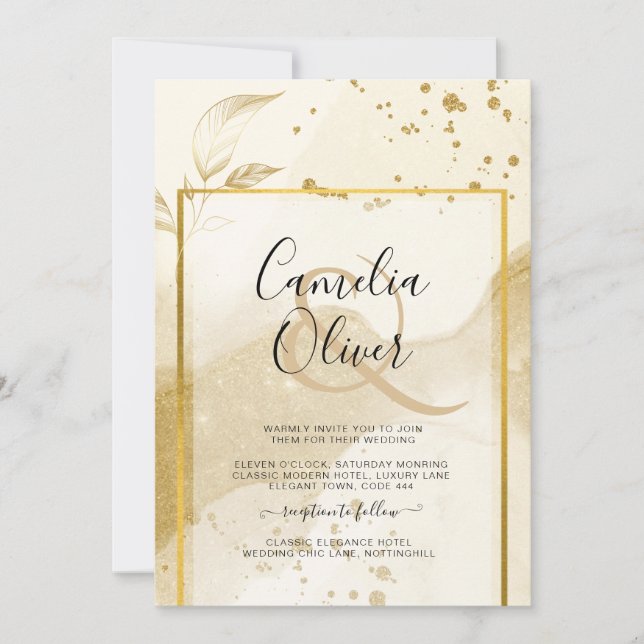 Gold Pearl WEDDING Alkohol INK Abstrakt LeahG Einladung (Vorderseite)