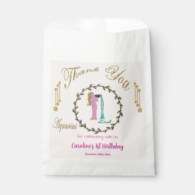 Gold & Pearls Aquarius 1. Geburtstag Vielen Dank Geschenktütchen (Vorderseite)